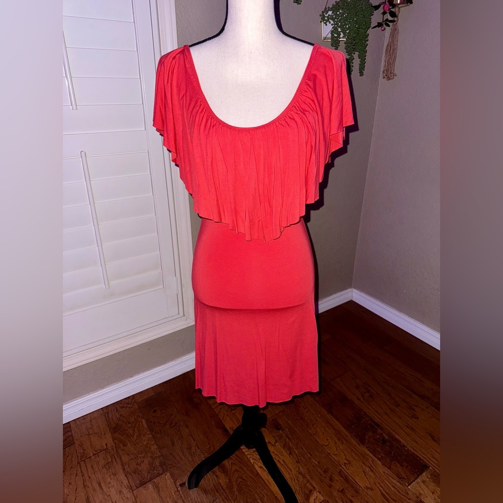Buffalo David Bitton Bold Orange Asymmetrical Dress w Ruffles.